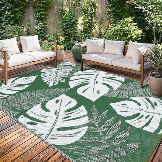 GAOMON Waterproof Plastic Straw Rug 9x12 Outdoor Patio Rug, Reversible Modern Camping Mat with Bag & Stakes, UV Resistant & Easy to Clean Outdoor Carpet for RV, Deck, Balcony, Green-HomvellaHome