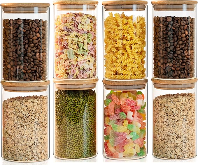 Glass Food Storage Jars Set of 8,26oz-Glass Storage Containers Clear Glass Food Canister with Bamboo Lid Airtight For Serving Tea, Coffee, Flour,Candy, Cookie, Spice(Round-8CMx15CM)-HomvellaHome