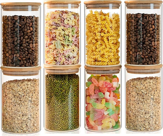 Glass Food Storage Jars Set of 8,26oz-Glass Storage Containers Clear Glass Food Canister with Bamboo Lid Airtight For Serving Tea, Coffee, Flour,Candy, Cookie, Spice(Round-8CMx15CM)-HomvellaHome
