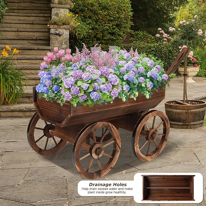 Garden Wooden Decor Rustic Flower Pot,Planters Wagon Indoor Outdoor Backyard Balcony Decor,for Outside Garden Decor Wheelbarrow Planter for Patio (Wooden Wagon with Light)-HomvellaHome