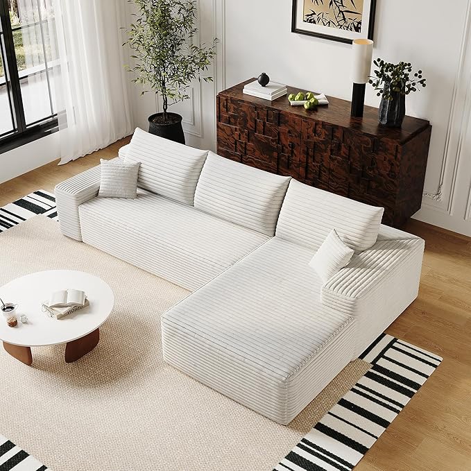 108" Sectional Couches for Living Room Modern Modular Sofa with L-Shape Couchs Upholstered Boneless Couch Deep Seat Sectional Couch with Chaise (White, Right Facing Chaise+2Seaters)-HomvellaHome