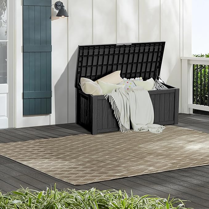 150 Gallon Lockable Resin Deck Box, Waterproof & UV-Resistant Outdoor Storage Box for Outdoor Cushion Storage, Garden Tools & Pool Accessories Storage, Black-HomvellaHome