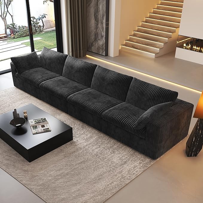 157.5" 4-Seater Cloud Sofa,Modular Sectional Couch,Modern Deep Seat Upholstered Couches with Plush Corduroy Fabric for Living Room Furniture,Bedroom and Apartment,No Assembly Required,Black-HomvellaHome