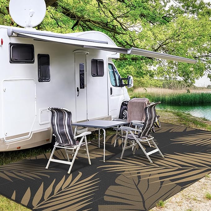 GENIMO Outdoor Rug 9' x 18' Waterproof for Patios Clearance, Reversible Outdoor Plastic Straw Camping Rug Carpet, Large Area Rugs Mats for RV, Camper, Deck, Balcony, Porch, Beach, Picnic, Black&Brown-HomvellaHome