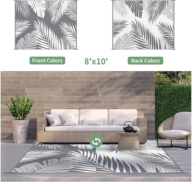 GENIMO Outdoor Rug 8' x 10' Waterproof for Patios Clearance, Reversible Plastic Straw Camping Rug Carpet, Large Area Rugs Mats for RV, Picnic, Backyard, Deck, Balcony, Porch, Beach, Grey&White-HomvellaHome