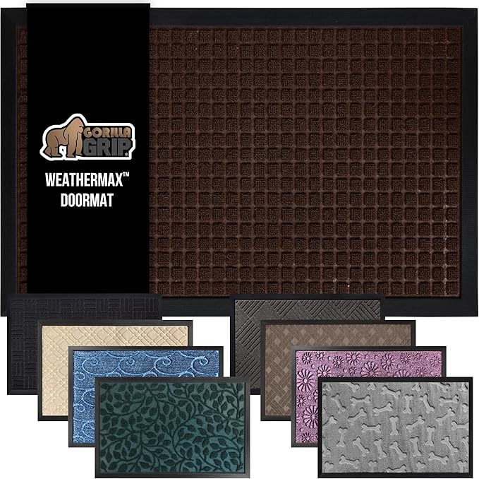 GORILLA GRIP 100% Waterproof All-Season WeatherMax Doormat, 34x58, US Designed Natural Rubber, Stain and Fade Resistant, Low Profile Indoor Outdoor Door Mats, Easy Clean Patio Mat, Coffee Squares-HomvellaHome