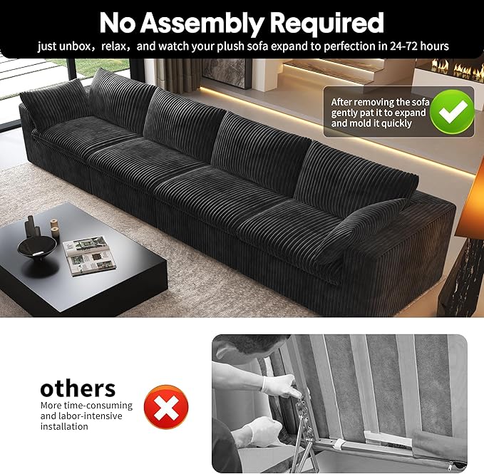 157.5" 4-Seater Cloud Sofa,Modular Sectional Couch,Modern Deep Seat Upholstered Couches with Plush Corduroy Fabric for Living Room Furniture,Bedroom and Apartment,No Assembly Required,Black-HomvellaHome