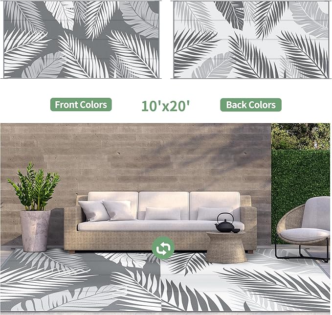 GENIMO Outdoor Rug 10' x 20' Waterproof for Patios Clearance, Reversible Outdoor Plastic Straw Camping Rug Carpet, Large Area Rugs Mats for RV, Camper, Deck, Balcony, Porch, Beach, Picnic, Grey&White-HomvellaHome