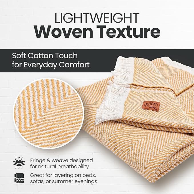 Gold Case Throw Blanket for Couch – 100% Recycled Turkish Cotton Blankets & Throws – Elegant Decorative Throw Blankets for Living Room Sofa – Woven Throws for Couch – Elegant Mustard – 60x80-HomvellaHome