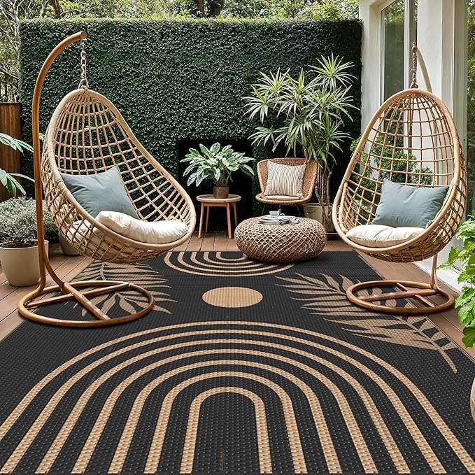 GENIMO Outdoor Rug 9' x 12' Waterproof for Patio Clearance, Reversible Lightweight Plastic Straw Camping Carpet, Large Area Rugs Mats for Rv, Backyard, Deck, Porch, Picnic, Balcony, Mix-Black & Brown-HomvellaHome