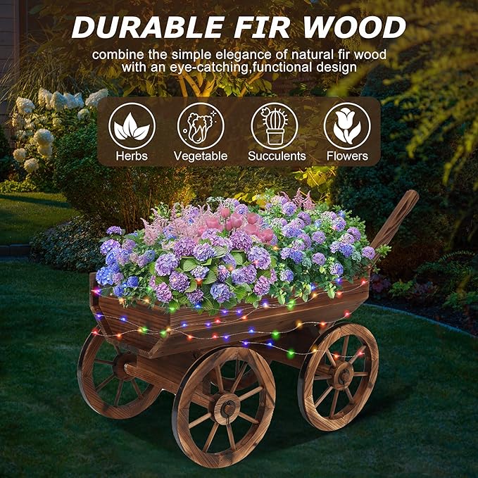Garden Wooden Decor Rustic Flower Pot,Planters Wagon Indoor Outdoor Backyard Balcony Decor,for Outside Garden Decor Wheelbarrow Planter for Patio (Wooden Wagon with Light)-HomvellaHome