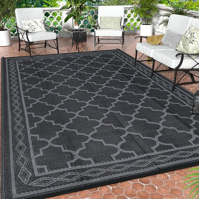 GAOMON Outdoor Plastic Straw Rug, 10'x14' Reversible Sage Green Patio Mat, Flower Modern Design for RV, Backyard, Deck, Camping, Picnic, Black/Grey(Geometric)-HomvellaHome