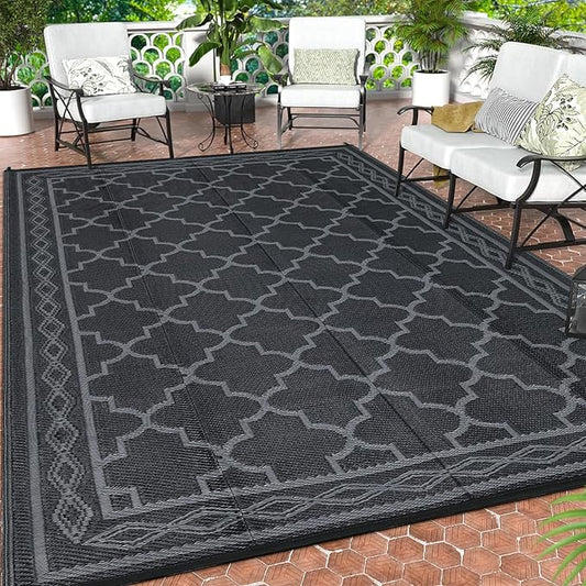 GAOMON Outdoor Rug Waterproof 8'x10', Reversible Outdoor Plastic Straw Rug, Boho Patio Rug, Indoor Outdoor Carpet, RV Mat Outside for Patio, Camp, Picnic, Balcony, Deck, Black/Grey(Geometric)-HomvellaHome