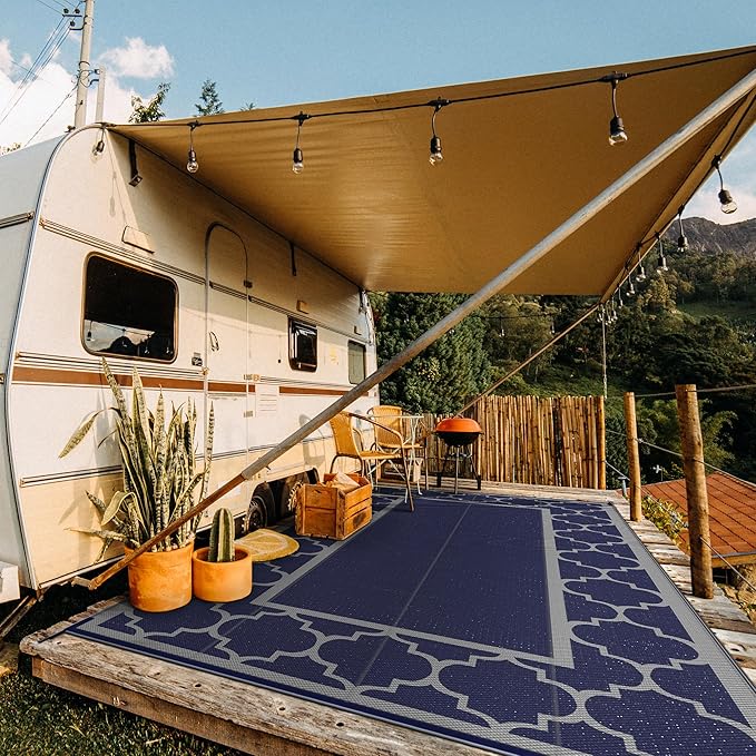 GENIMO 10 'x20 ' Outdoor Rug for Patio Clearance, Waterproof Indoor Outdoor Plastic Straw Rugs Carpet, Reversible Outside Area Rv Mat for Camping, Balcony Porch, Deck, Picnic, Beach (Blue & Grey)-HomvellaHome