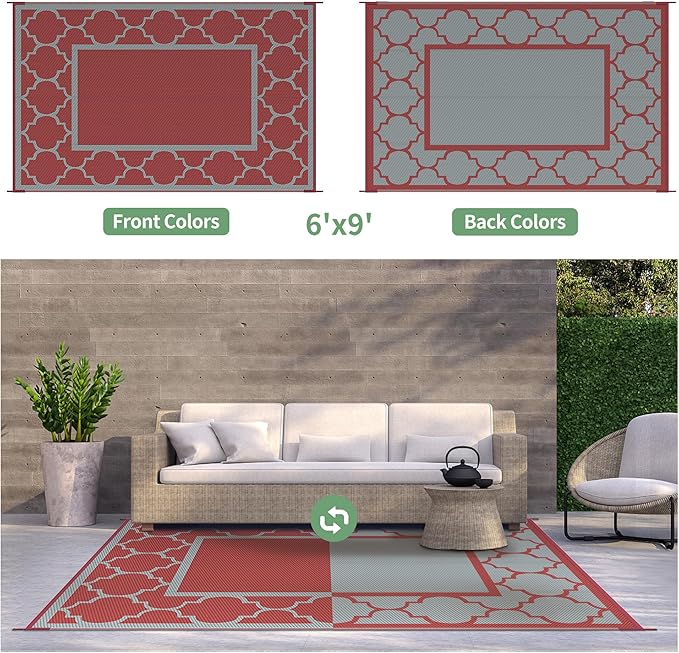 GENIMO 6' x 9' Outdoor Rug Waterproof for Patio Decor, Foldable Reversible Plastic Straw Area Rugs Mat for Camper, Outside Carpet for Rv, Deck, Porch, Picnic, Beach, Balcony, Red & Grey-HomvellaHome