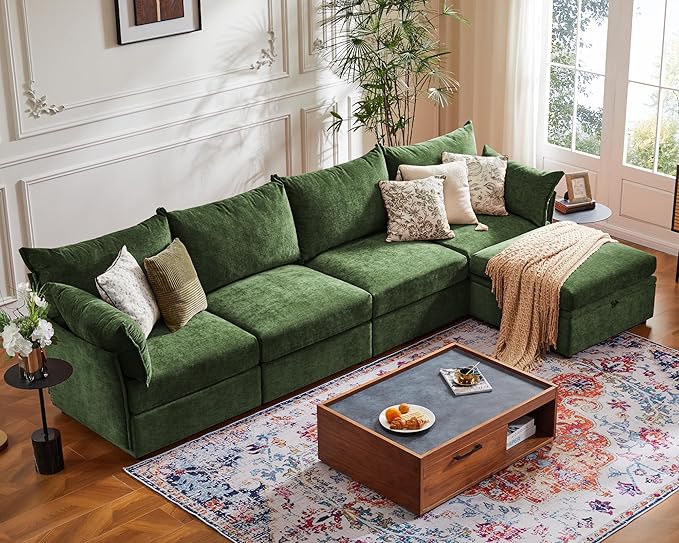 134.6" Oversized Modular Sectional Sofa, 6 Seater U Shaped Couch with Storage Ottoman with Reversible Chaise Deep Seat for Living Room, Apartment - Chenille Green-HomvellaHome