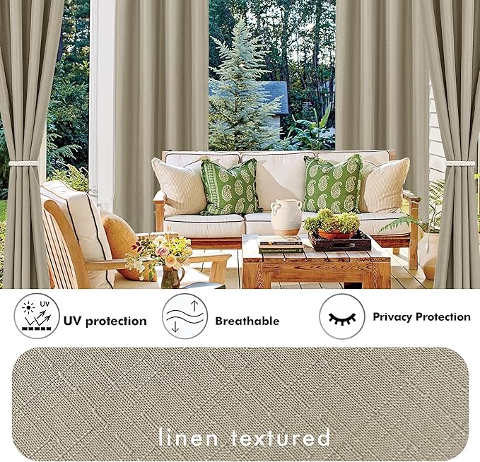 HolidayIdeas Linen Outdoor Curtains for Patio Waterproof-4 Panels Taupe Outside Curtains 54"x95"-Indoor/Outdoor Privacy Gazebo Curtains Weighted Weatherproof for Pergola, Porch, Cabana, Sunroom-HomvellaHome