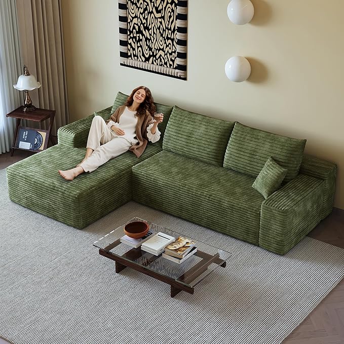 108" Sectional Couches for Living Room Modern Modular Sofa with L-Shape Couchs Upholstered Boneless Couch Deep Seat Sectional Couch with Chaise (Green, Left Facing Chaise+2Seaters)-HomvellaHome