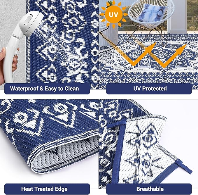GAOMON Patio Rugs Outdoor 8x10 Waterproof Reversible Plastic Straw Rug, Large UV-Resistant Portable RV Camping Mats, Indoor Outdoor Medallion Carpet for Deck Porch Garden, Dark Blue & White-HomvellaHome