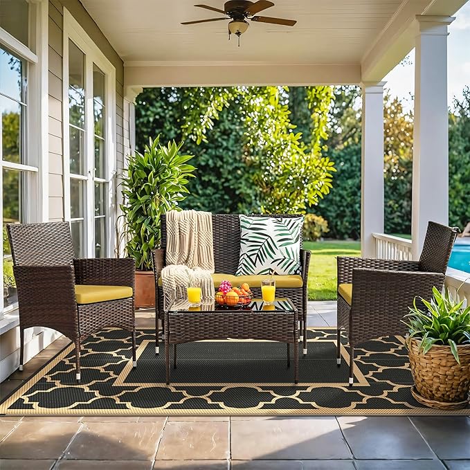 GENIMO 6' x 9' Outdoor Rug Waterproof for Patio Decor, Foldable Reversible Plastic Straw Area Rugs Mat for Camper, Outside Carpet for Rv, Deck, Porch, Picnic, Beach, Balcony, Black & Brown-HomvellaHome