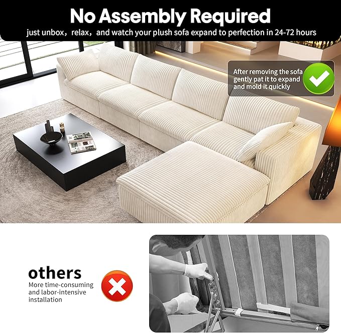 157.5" L Shaped Modern Sofa Modular Sectional Cloud Couch with Ottoman,Deep Seat Upholstered Couches with Corduroy Fabric for Living Room Furniture,Bedroom and Apartment,No Assembly Required,White-HomvellaHome