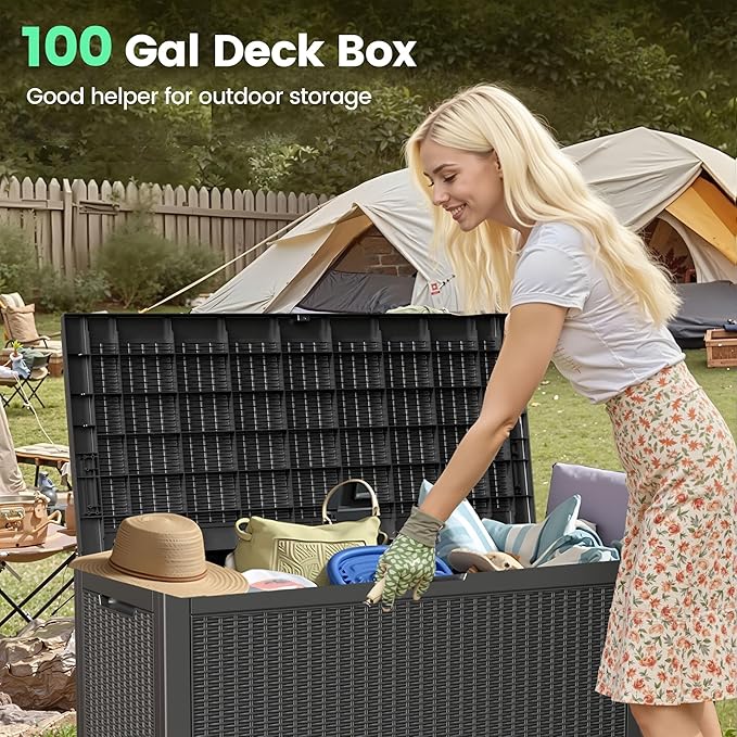 100 Gallon Storage Box, Waterproof Resin Deck Box with Hydraulic Piston Design, Lockable Storage Bench for Package Delivery, Storage Bin for Patio Cushions, Garden Tools, Black-HomvellaHome