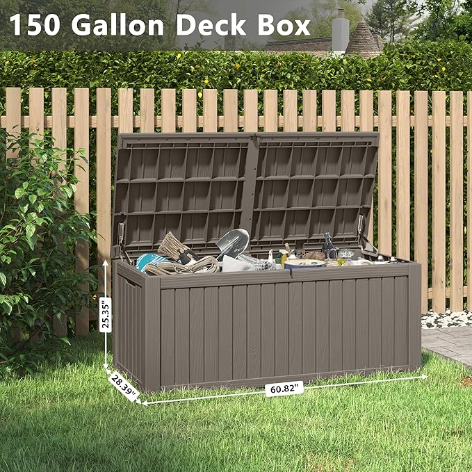 150 Gallon Resin Deck Box, Large Indoor and Outdoor Storage Box, Weatherproof and UV Resistant Outdoor Storage Box with Built-in Steel Beams for Patio, Cushions, Pool Supplies-HomvellaHome