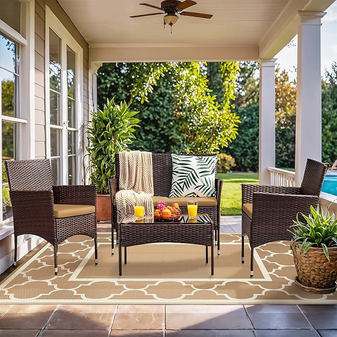 GENIMO 9' x 12' Outdoor Rug for Patio Clearance, Waterproof Indoor Outdoor Plastic Straw Rugs Carpet, Reversible Outside Area Rv Mat for Camping, Balcony Porch, Deck, Picnic, Beach (Brown & Beige)-HomvellaHome