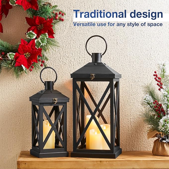 Glitzhome Modern Farmhouse Wooden Lantern Hanging Decorative Candle Lantern for Outdoor & Indoor Black Set of 2 (No Glass)-HomvellaHome