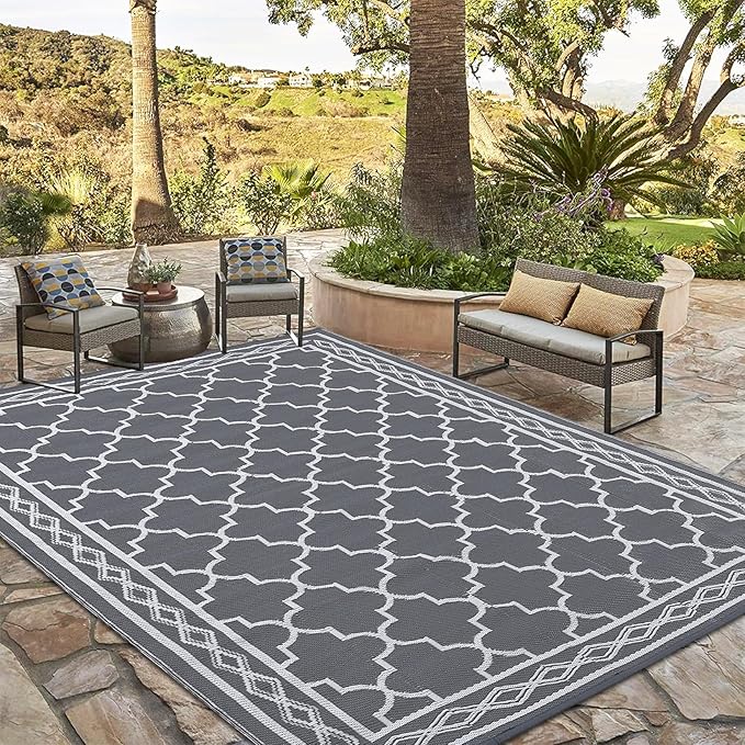 GAOMON Outdoor Rugs Patio Camping Waterproof Rug 6'x9' Plastic Straw Patio Rug Portable for Campers, Outside RVs Mat for Patios Clearance, Backyard Porch, Balcony, Grey/White(Geometric)-HomvellaHome