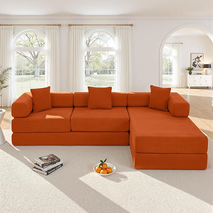 108" Oversized Convertible Sleeper Sofa Bed, Corduroy L Shape Sectional Couch, Folding Sofa Bed with Side Pocket, Modern Cloud Floor Mattress Couch, Modular Sofa for Living Room, Orange-HomvellaHome