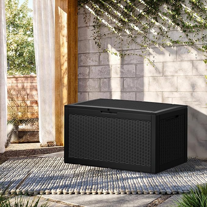 100 Gallon Resin Deck Box, Waterproof Outdoor Storage Bin for Patio Furniture, Pool Accessories, and Garden Tools, Lockable & UV-Resistant, Black-HomvellaHome