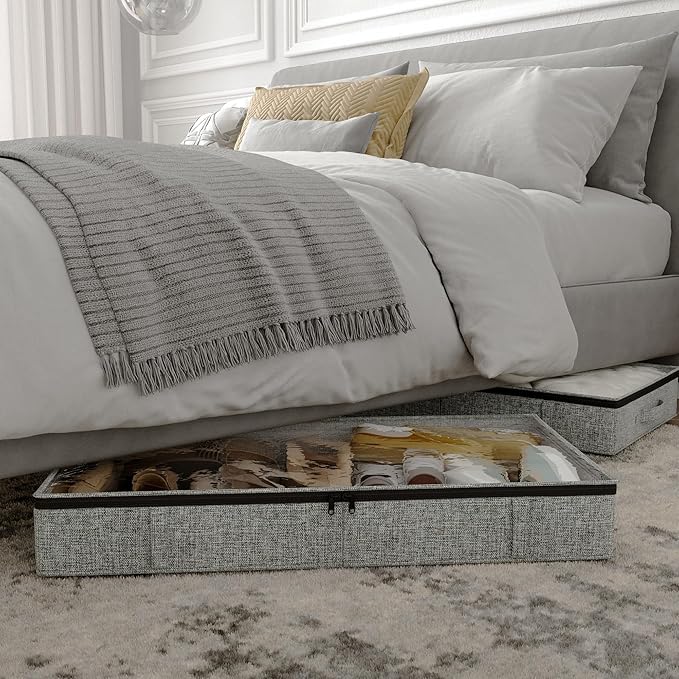 Gray Low Profile Under Bed Storage Containers 5 inches high, 33.8"x 17.7"x 5.1", Sturdy Underbed Shoe Storage Organizer, Foldable Fabric Under the Bed Storage Bins - Pack of 2-HomvellaHome
