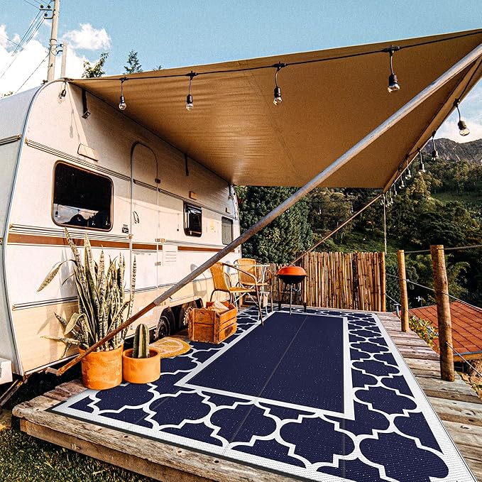 GENIMO 8' x 16' Outdoor Rug Waterproof for Patio, Foldable Reversible Plastic Straw Area Rugs Mat for Rv Decor, Outside Carpet for Camper, Deck, Picnic, Beach, Balcony, Porch, Blue & White-HomvellaHome