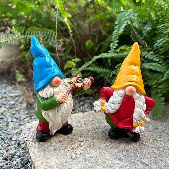 Garden Gnome Duo Decorative Figurines 5.5“ Ornament for Indoor Outdoor Home Garden Decor，Musical Violin Player and Dancing, Colorful Outdoor Statues, Set of 2-HomvellaHome