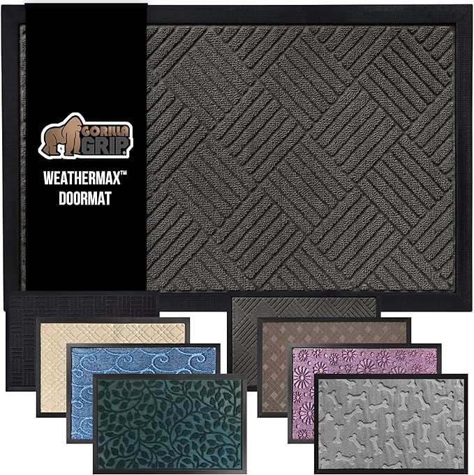 GORILLA GRIP 100% Waterproof All-Season WeatherMax Doormat 35x23, US Designed Natural Rubber, Stain and Fade Resistant, Low Profile Indoor Outdoor Door Mats, Easy Clean Patio Mat, Gray Diamond-HomvellaHome