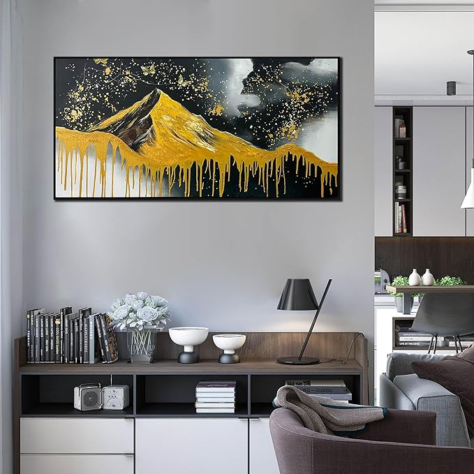 Gold Mountains Painted Wall Art for Living Room - Hand Painted Abstract Wall Art for Office - Black Framed Wall Art for Bedroom Size 29" x 59"-HomvellaHome