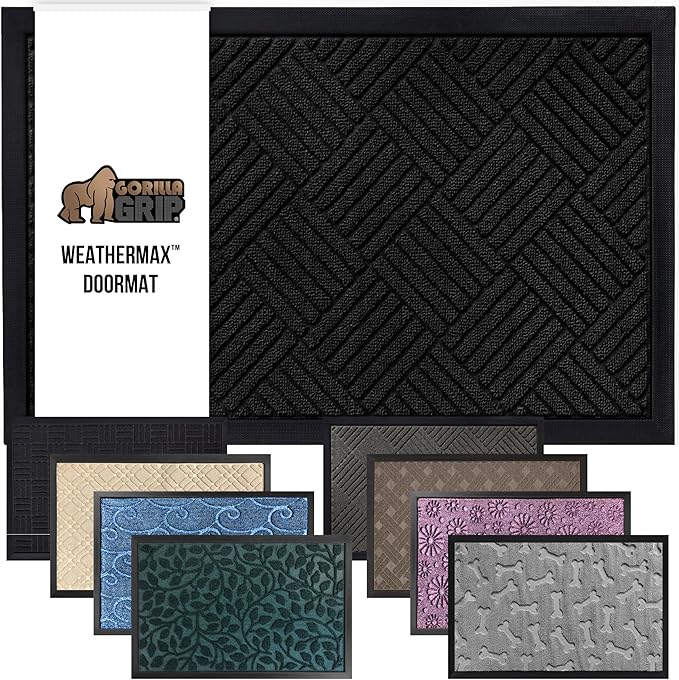 GORILLA GRIP 100% Waterproof All-Season WeatherMax Doormat US Designed Natural Rubber, Stain and Fade Resistant, Low Profile Indoor Outdoor Door Mats, Easy Clean Patio Mat, 17x29, Black Diamond-HomvellaHome