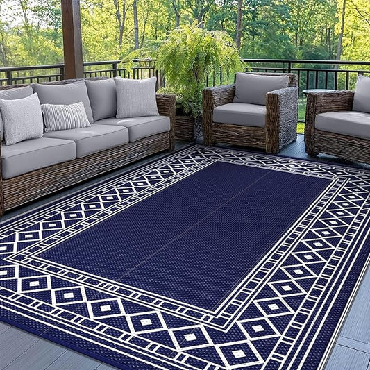 GENIMO Outdoor Rug Waterproof for Patio Decor, 6'x9' Foldable Reversible Plastic Straw Carpet for Travel Trailers, Outside Area Mat for Rv, Deck, Picnic, Porch, Camper, Balcony, Beach, Blue & White-HomvellaHome