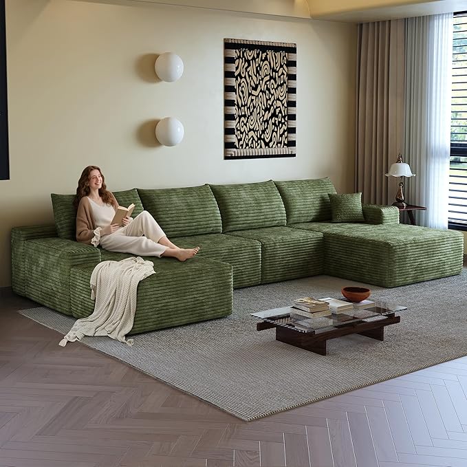 108" Sectional Couches for Living Room Modern Modular Sofa with L-Shape Couchs Upholstered Boneless Couch Deep Seat Sectional Couch with Chaise (Green, Right Facing Chaise+3Seaters+Ottoman)-HomvellaHome