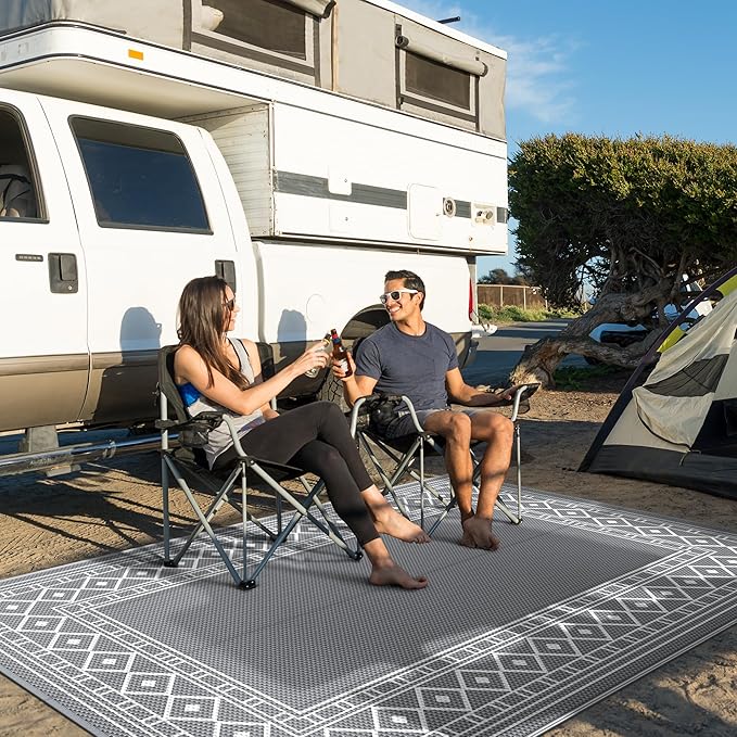 GENIMO Outdoor Rug Waterproof for Patio, 9'x12' Reversible Plastic Straw Outdoor Carpet, Camping Outside Mat for Outdoor Decor, RV, Deck, Camper, Balcony, Picnic, Grey & White-HomvellaHome