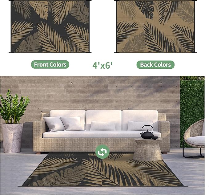 GENIMO Outdoor Rug 4' x 6' Waterproof for Patios Clearance, Reversible Outdoor Plastic Straw Camping Rug Carpet, Large Area Rugs Mats for RV, Camper, Deck, Balcony, Porch, Beach, Picnic, Black&Brown-HomvellaHome