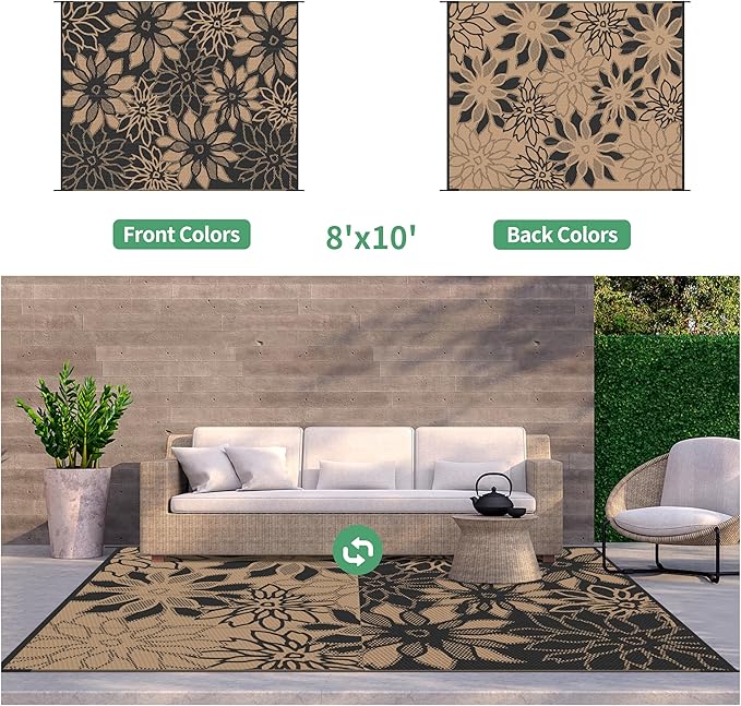 GENIMO Outdoor Rug Waterproof for Patio Decor, 8' x 10' Reversible Plastic Straw Floral Camping Carpet, Large Area Rugs Mats for RV, Camper, Deck, Balcony, Porch, Beach, Picnic, Black & Brown-HomvellaHome