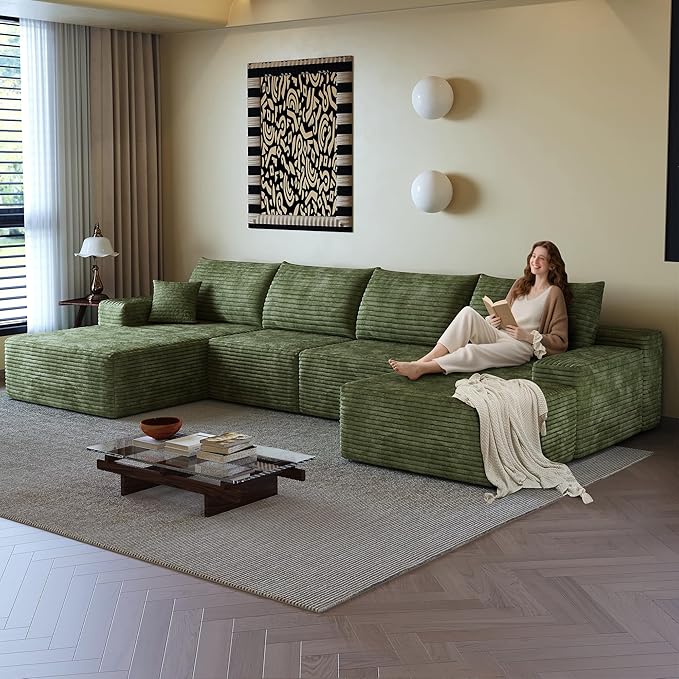 108" Sectional Couches for Living Room Modern Modular Sofa with L-Shape Couchs Upholstered Boneless Couch Deep Seat Sectional Couch with Chaise (Green, Left Facing Chaise+3Seaters+Ottoman)-HomvellaHome