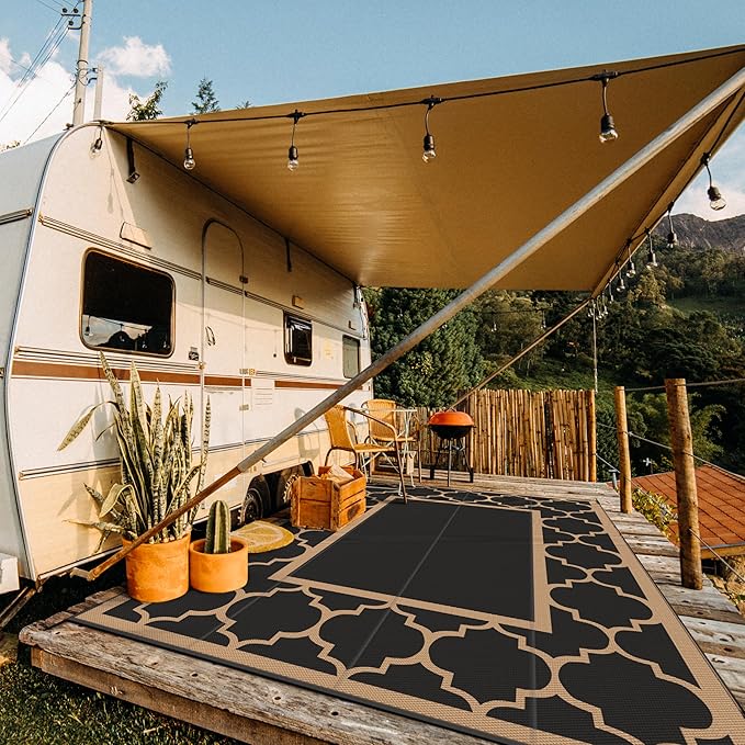 GENIMO 10 ' x 14 ' Outdoor Rug Waterproof for Patio Decor, Foldable Reversible Plastic Straw Area Rugs Mat for Camper, Outside Carpet for Rv, Deck, Porch, Picnic, Beach, Balcony, Black & Brown-HomvellaHome