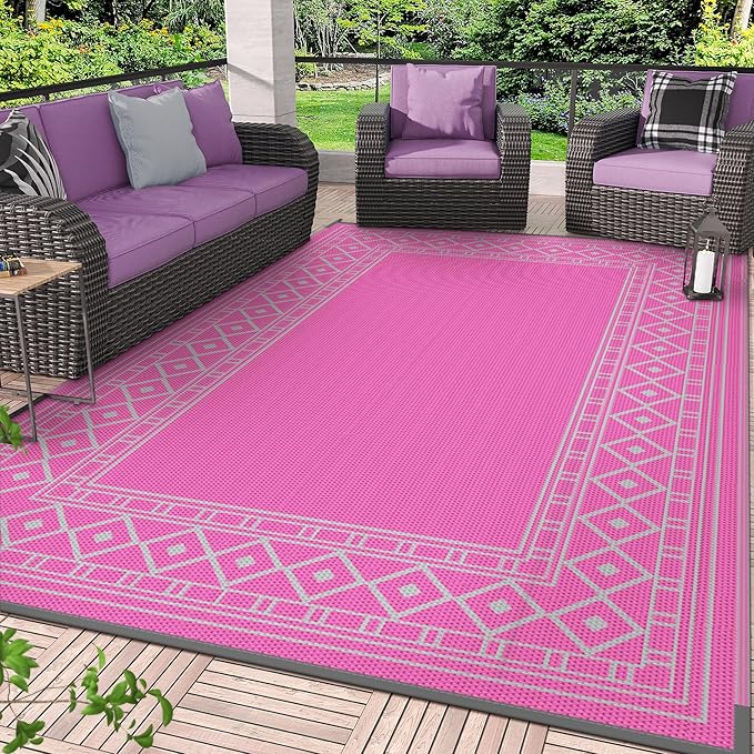 GENIMO Outdoor Rug Waterproof 6'x9' for Patio, Foldable Reversible Plastic Straw Carpet for Travel Trailers, Outside Area Mat for Rv, Deck, Picnic, Porch, Camper, Balcony, Beach, Pink & Grey-HomvellaHome