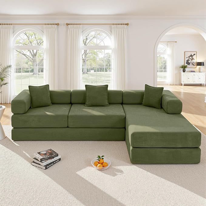 108" Oversized Convertible Sleeper Sofa Bed, Corduroy L Shape Sectional Couch, Folding Sofa Bed with Side Pocket, Modern Cloud Floor Mattress Couch, Modular Sofa for Living Room, Green-HomvellaHome