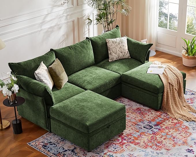 102.6" Modular Sectional Sofa, Oversized 3-Seater Green Couch with Removable Chenille Fabric Cover, Deep Seat & High Backrest for Living Room, Office & Apartment-HomvellaHome