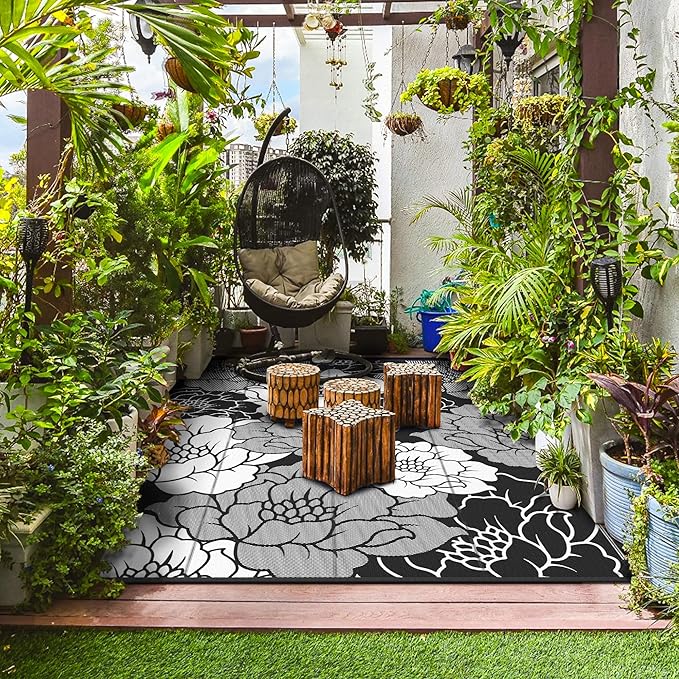 GENIMO Outdoor Rug Waterproof for Patio Decor, 9' x 12' Reversible Plastic Straw Floral Camping Carpet, Large Area Rugs Mats for RV, Camper, Deck, Balcony, Porch, Beach, Picnic, Mix-Black & White-HomvellaHome