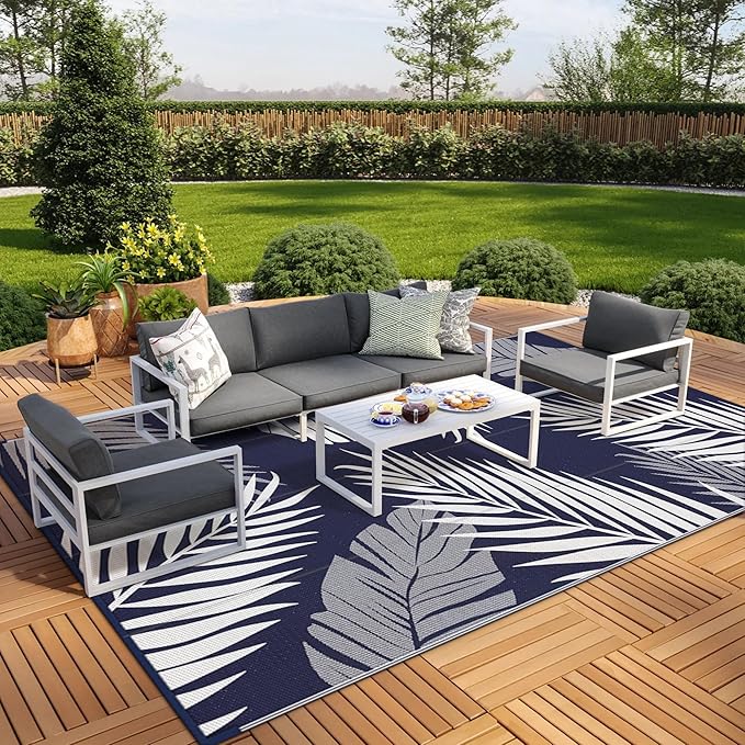 GENIMO Outdoor Rug 10' x 14' Waterproof for Patios Clearance, Reversible Outdoor Plastic Straw Camping Rug Carpet, Large Area Rugs Mats for RV, Camper, Deck, Balcony, Porch, Beach, Navy Blue&White-HomvellaHome
